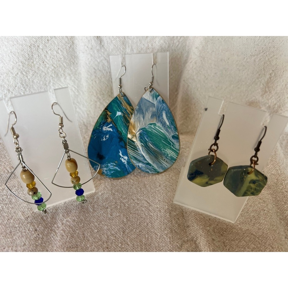 3 Pair Dangle Earrings Set Blue Green Marbled Boho Beaded Drop